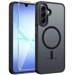 Magnetic Matte Translucent Military Grade Protective Phone Case with Screen Protector for Galaxy A37 (Black)
