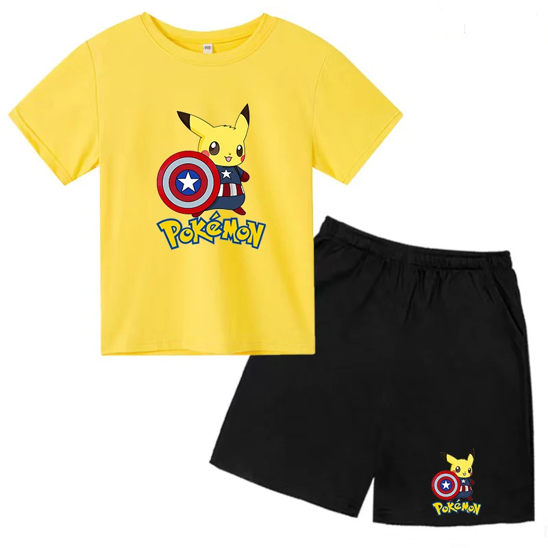 

Children's T-shirt Anime Pokémon Pikachu Print Boy/girl Cute Top Fashion Shorts 3-12Y Casual Charming Sunshine Kawaii Summer Set