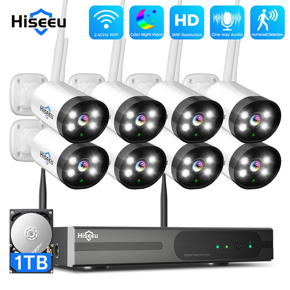 Hiseeu 3Mp Wifi Cctv Ip Camera System Kit Rilevamento Umano Ir Night Vision Outdoor Wireless 10Ch Nvr Kit Di Videosorveglianza