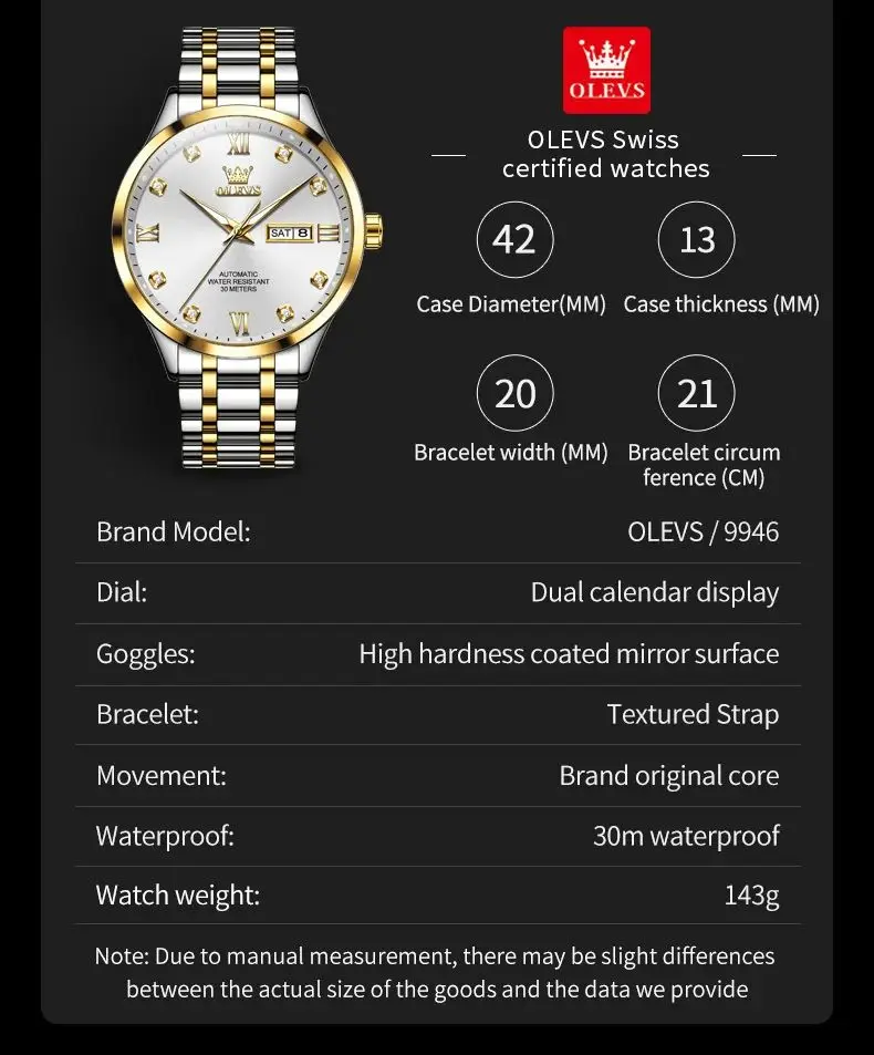 OLEVS 9946 Automatic Watch For Men Dual Calendar Luxury Original Mechanical Wristwatch 42mm Big Dial Waterproof Man Dress Watch