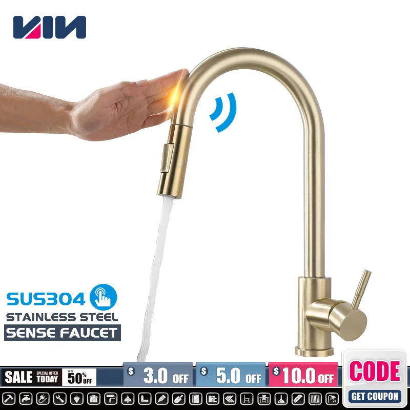 

Kitchen Faucet Pull Out Sense Faucets 304 Stainless Steel Gold Black Sink Touch Water Tap Single Handle Mixer Rotation Shower