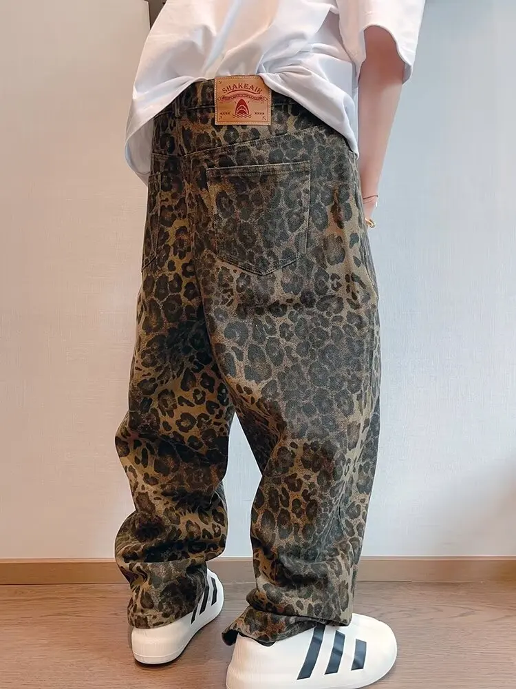 Men Jeans Autumn Tan Leopard Denim Pants Oversize Wide Leg Trousers Streetwear Hip Hop Vintage Loose