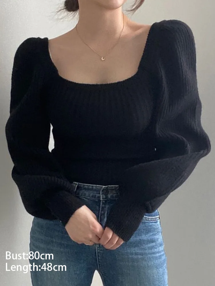 New Solid Color Women's Square Neck Low Neck Lantern Sleeve Sweater Fashion Long Sleeve Slim Knitwear Top