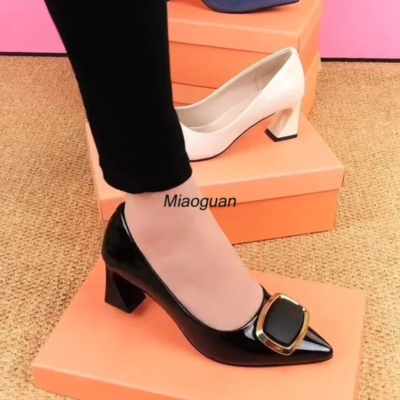 

Square Buckle NEW Office Shoes 2023 New Women's Concise Patent Leather Shallow High Heels Shoes Pointed Toe Woman Pumps Zapatos