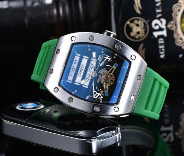 Fashion Men Sport Watch Richard Tonneau Dial Hollow Quartz Wristwatches Waterproof Rubber Strap Luxury Mens Skeleton Watches 
