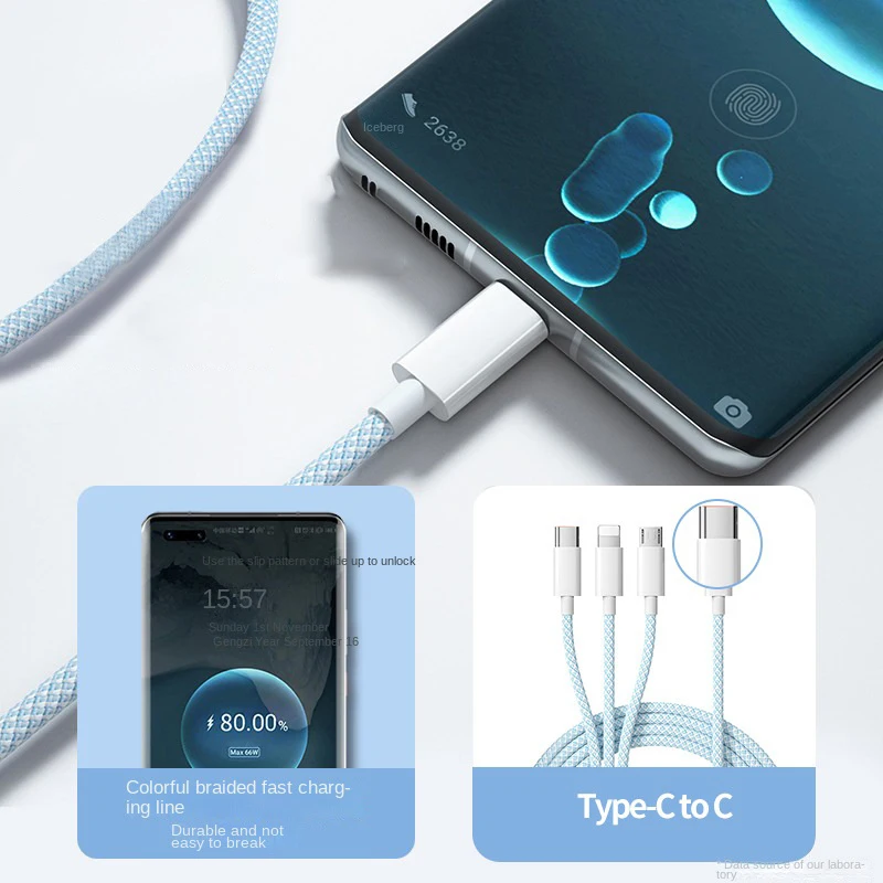 รูปสินค้า สายชาร์จ USB 3 in 1 100W ชาร์จเร็ว ใช้ได้กับ Xiaomi iPhone Poco