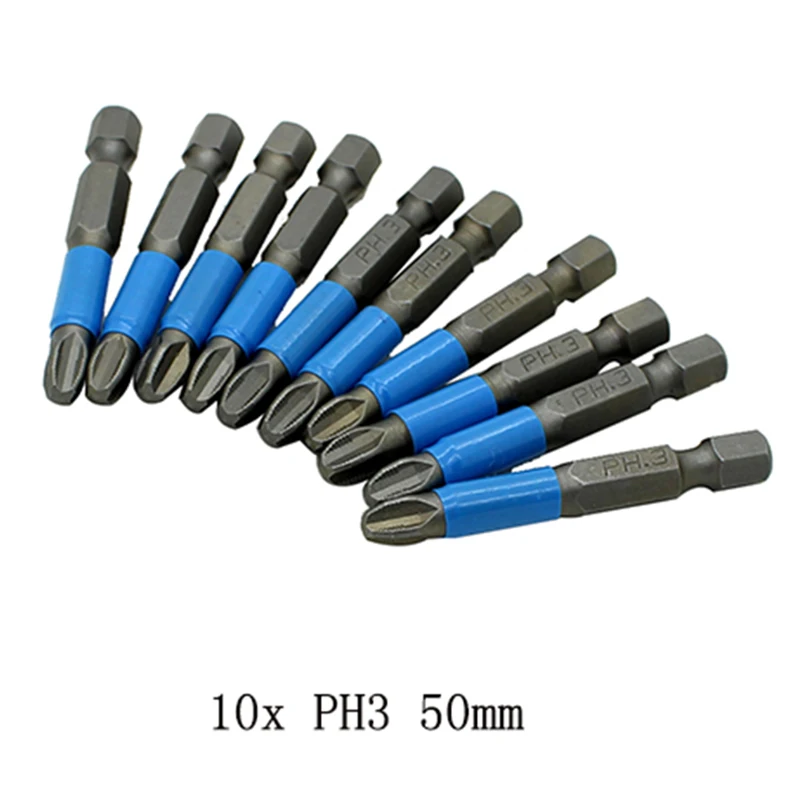 

10pcs 50mm Non Slip Screwdriver Bit Magnetic Single Head PH1/PH2/PH3/PZ1/PZ2/PZ3 Hexagonal Handle Screwdriver Multifunctional