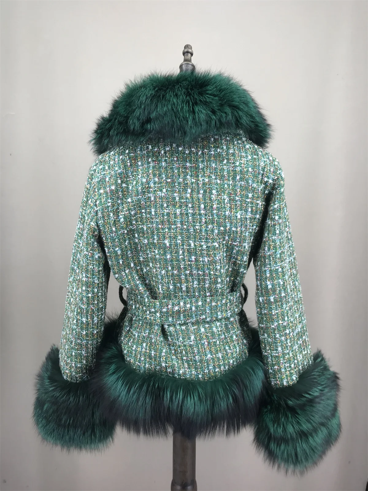 Short Jacket Coat With Real red Fox Fur Collar Cuffs Front And Belt Woman Elegant Fur 2024 Autumn Winter Green Color