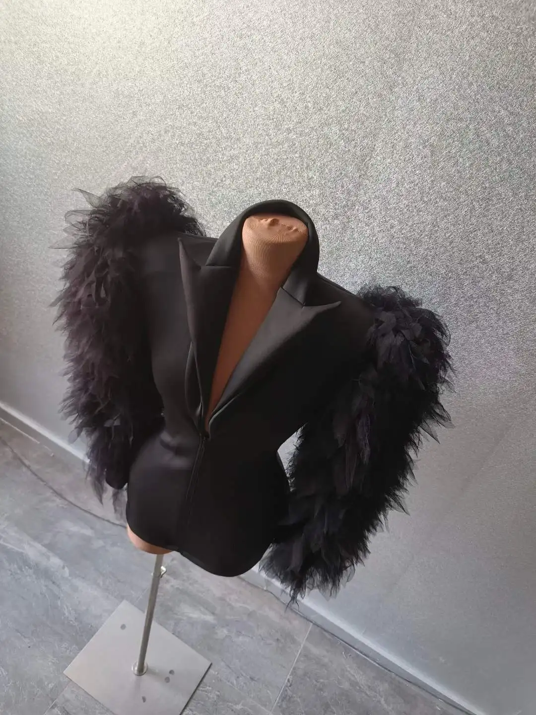 Black Puffy Women Blazer Design Long Sleeve Zipper Night Bar Nightclub Party Birthday Queen Costume Stretch Drag Outfit