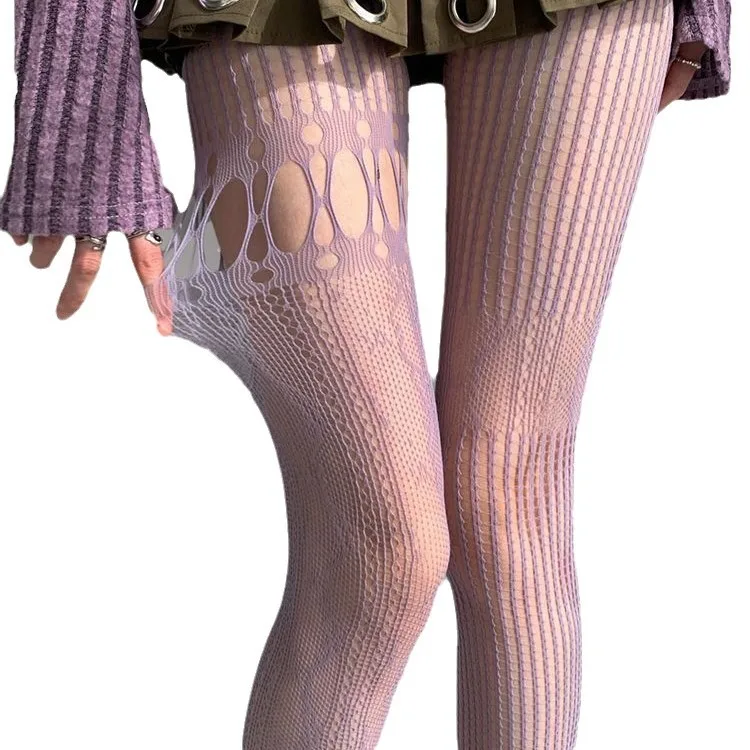 Damen Sexy Spitzen-Netzstrümpfe Lolita Ausgehöhlte Einfarbige Strumpfhose Unregelmäßige Hautfreilegende Strumpfhose Schlankmachende Y2k-Bodystockings – Detail 4