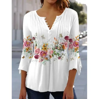 V-Neck Elegant Office Lady Blouses Tops Blusas 2024 Casual Trendy Summer Blouses Print Three Quarter Buttons Women Shirts S-3XL 1