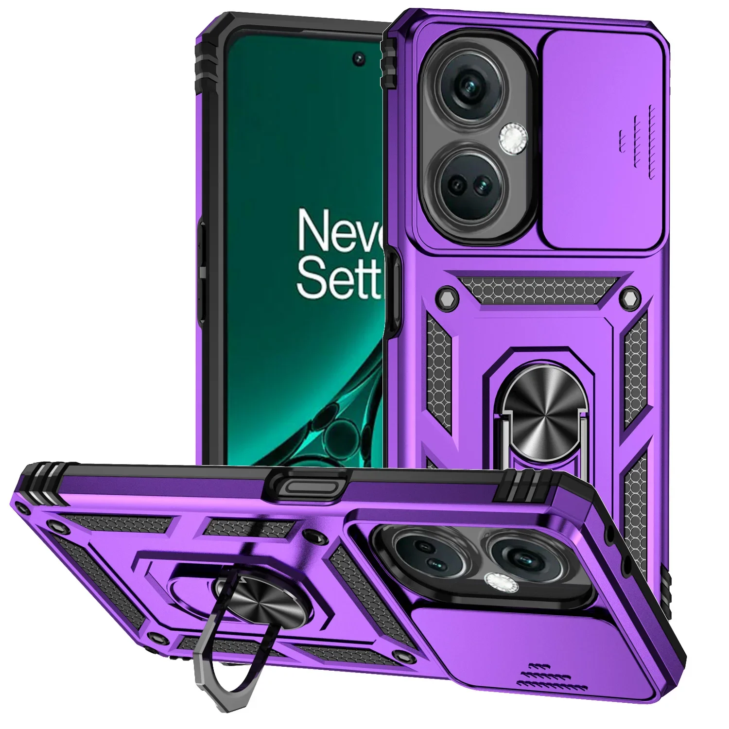 Armor Shockproof Phone Case with Metal Ring Holder and Slide Camera Lens Protector