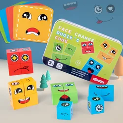 New Sell Wooden Expressions Matching Block Puzzles Building Cubes Toy Wooden Face-Changing Magic Cube Educational Montessori Toy