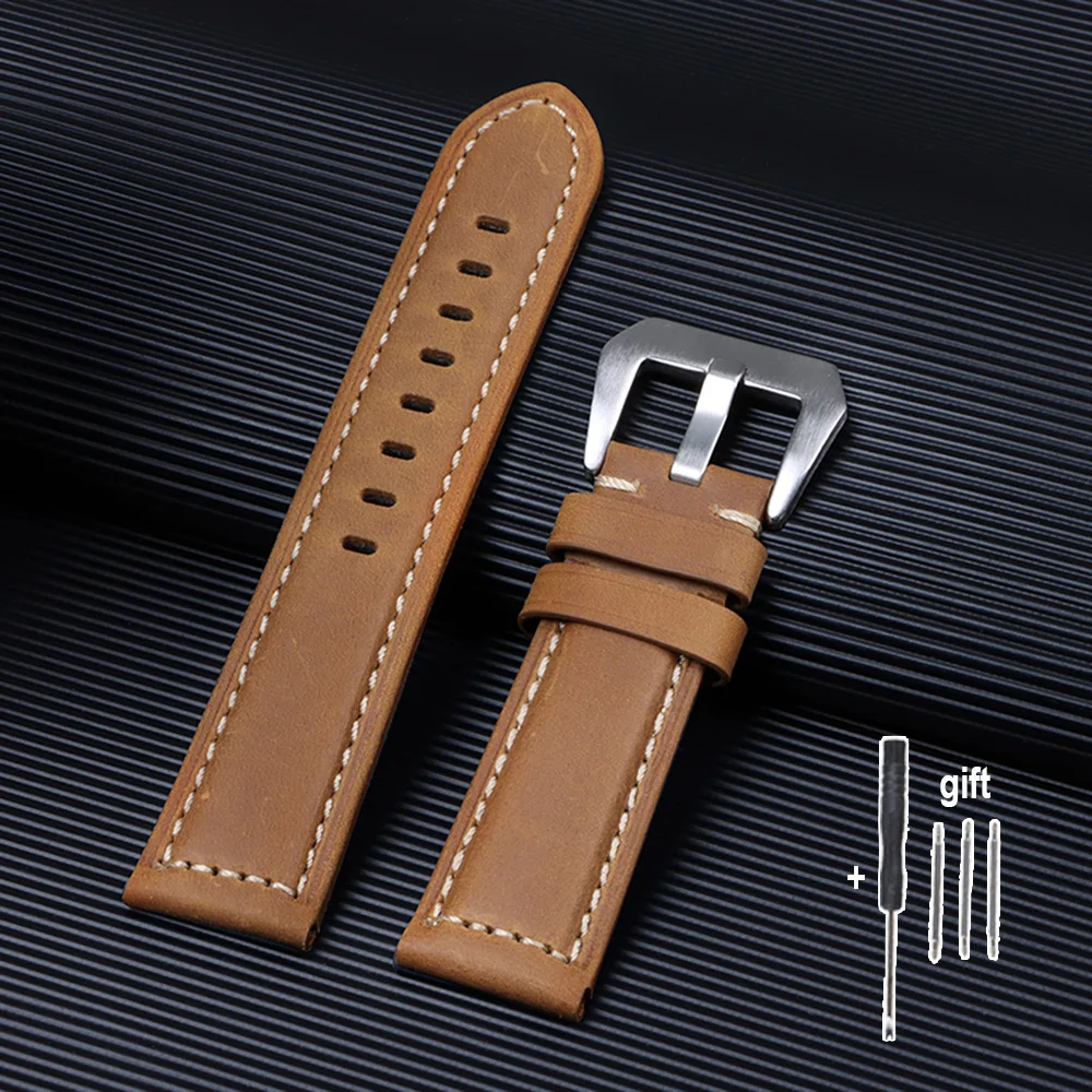 Genuine Crazy Horse Leather Watchband - Black, Blue, Brown Bracelet, 20mm-26mm