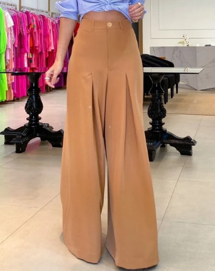 2024 Hot Selling Women Spring Summer Casual Solid Color Loose Long Pants High Waist Ruched Wide Leg Pants Temperament Commuting spring two piece set women casual temperament commuting irregular crop blouse top and button high waist ruched wide leg pant set