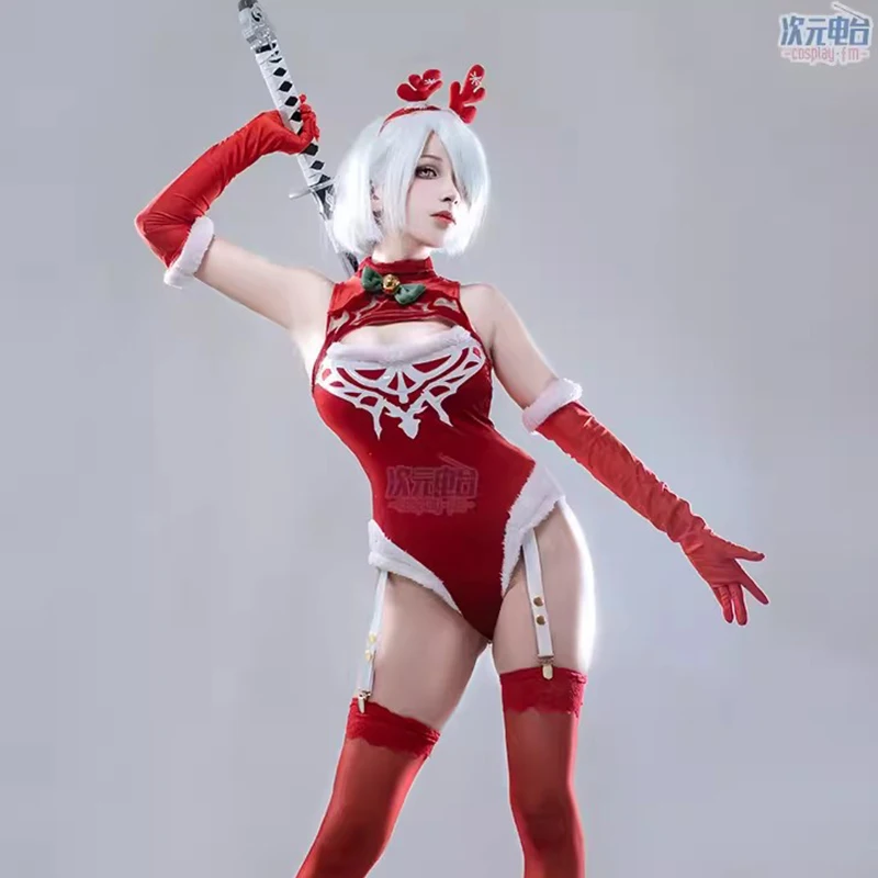 

Women Christmas Sexy Lingerie Set 2B Derivative Cosplay Costume Red Bodysuit with Short Cape and Gloves Thigh Socks