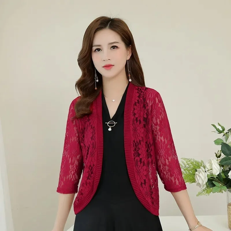 Spring and summer air conditioning clothing lace cardigan sunscreen shawl plus coat seven minutes sleeve small outside_voghion.com