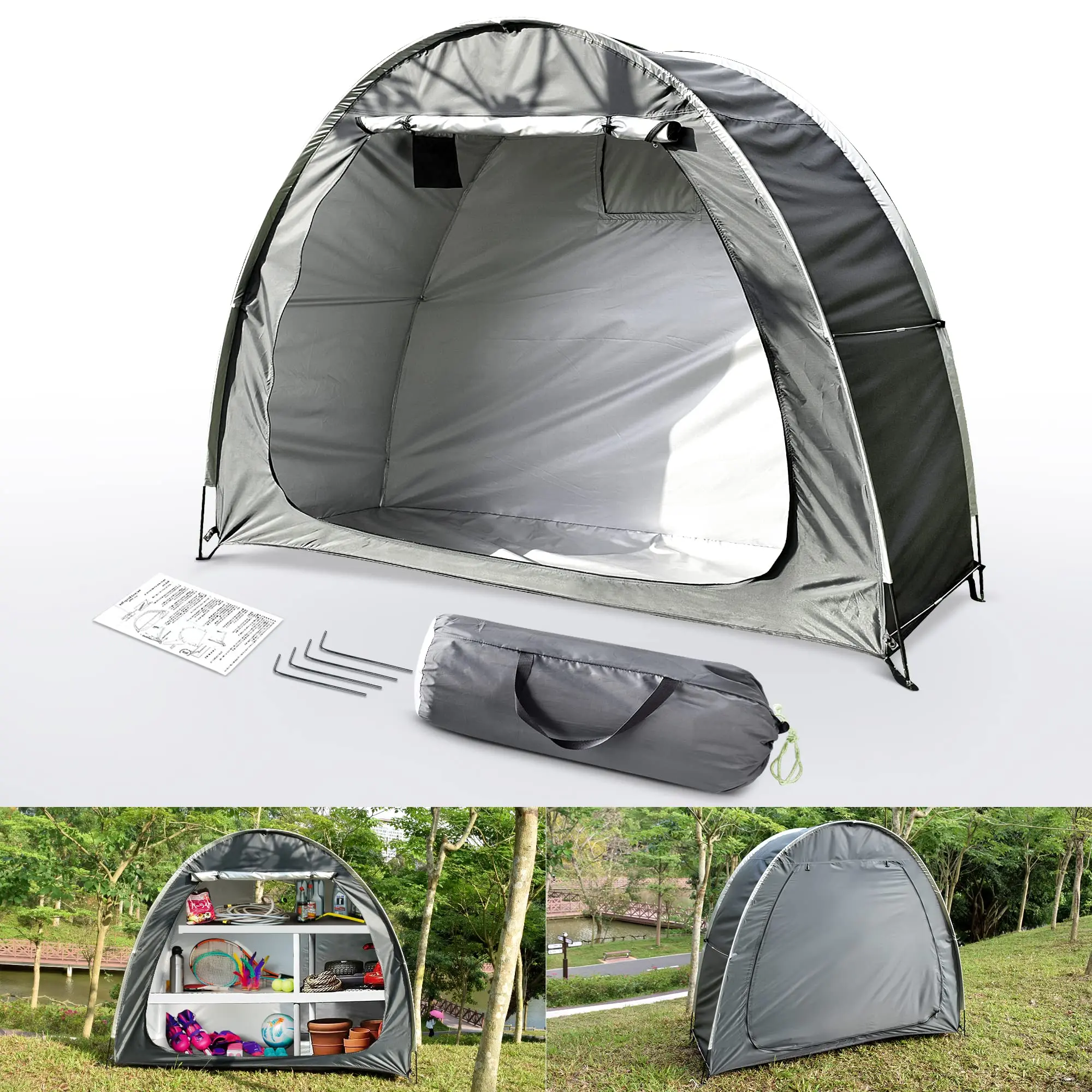 

Grayish Green Portable Bike Storage Tent - Anti-Dust and Waterproof, Fits 3-4 Bikes, Foldable for Camping and Outdoor Use