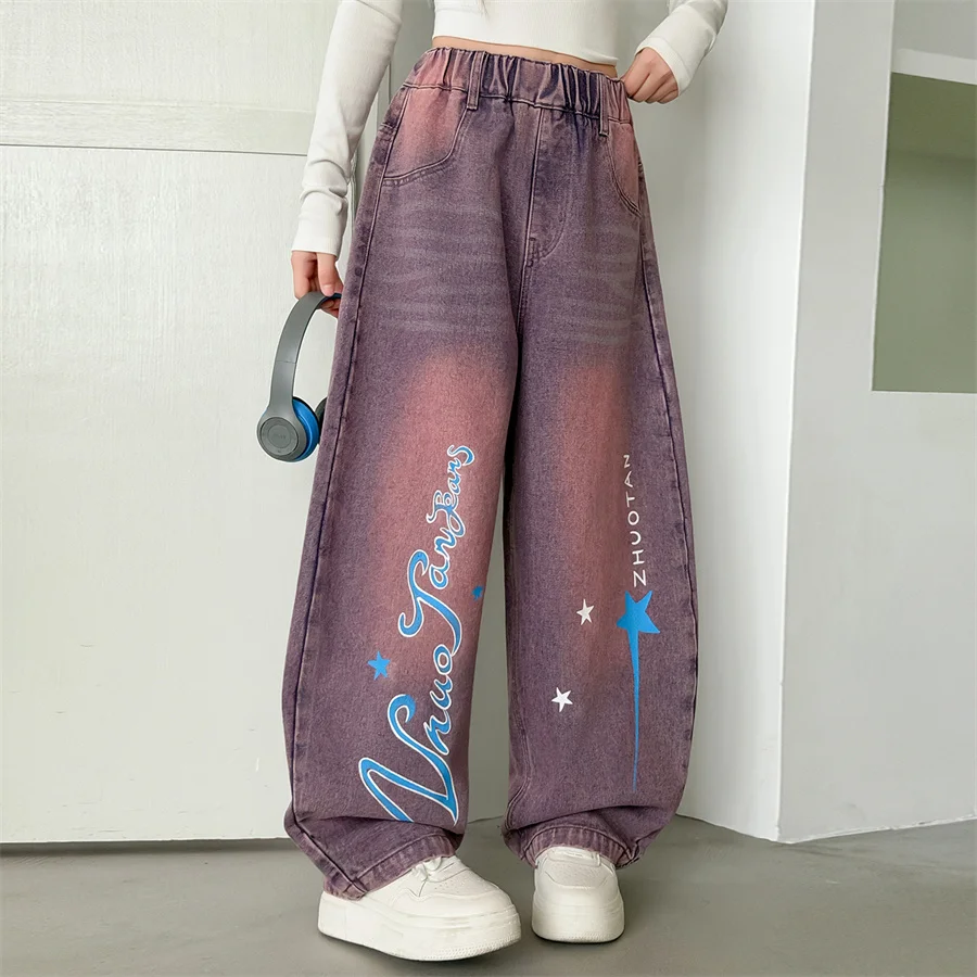 한국 스트리트 스타일 어린이 봄 와이드 레그 멀티 컬러 곡선 청바지 어린이를위한 문자 인쇄가있는 소녀 힙합 데님 바지