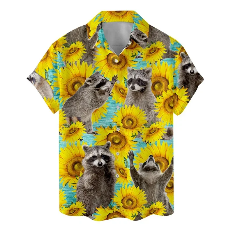 thumbnail image 1 of Camisa hawaiana con estampado 3D de gato y mapache para hombre, blusa con estampado de plantas y animales, blusa de moda con solapa y botones, camisetas Aloha de manga corta, 1 of 4