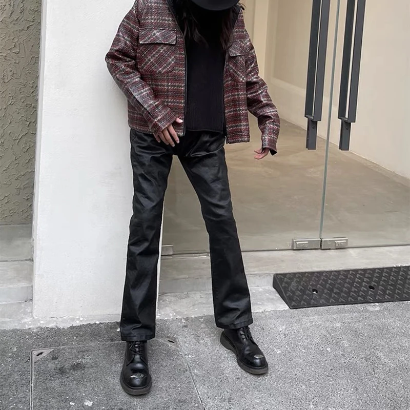Streetwear Black Wax Pu Leather Pants for Men Straight Pantalones Hombre Baggy Y2k Cargo Trousers Oversized Casual Overalls