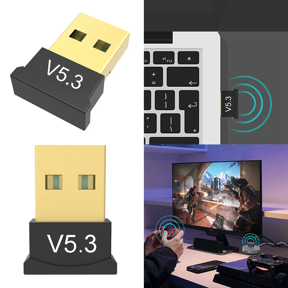 USB 블루투스 호환 5.3 어댑터 BT 오디오 송신기 지원 Windows 11/10/8.1 데스크탑 PC 노트북용 플러그 앤 플레이 미니 송신기