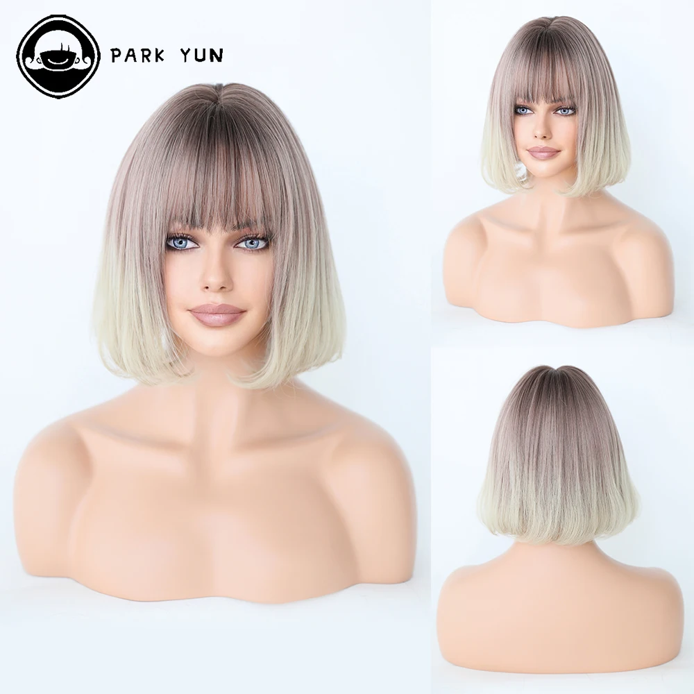 Blonde Mixed Rose Brown Ombre Short Bob Hair Women Wig with Bangs Heat Resistant Synthetic Wig Highlight Cosplay Party Daily