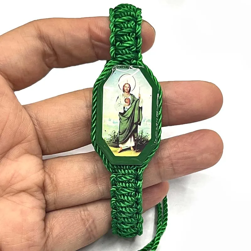12Pieces Double Woven Bracelet Religious Jesus Pattern Rectangular Recessed Wooden Drip Religious Ornaments Can Be Given As Gift