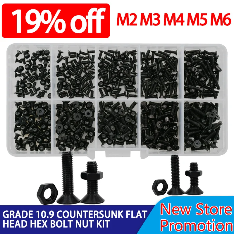 Escareado Cabeça Chata Hex Parafuso Porca Kit Liga de Aço Preto Parafusos Elétricos Parafusos Hexágono Allen m2 m3 m4 m5 m6 Grau 109