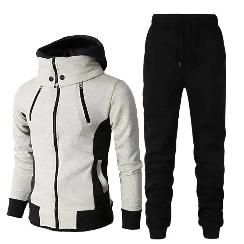 Men Winter Thickened Warm Two Piece Sets Bib Neck Hooded Sweatshirt Casual Sports Male Suits Black Long Pants Cardigan Outerwear