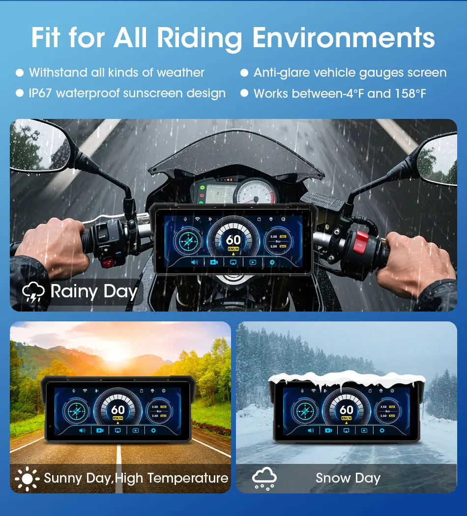 Srnubi 8,1-Zoll-Motorradnavigation, vorne 4K, hinten 1080P, Carplay, Android Auto, DVR, IPX7, wasserdicht, TPMS, tragbarer Bluetooth-Monitor – Detail 10