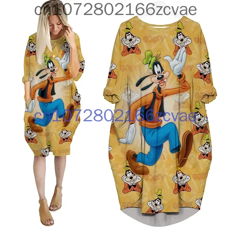 

Disney Goofy Women's Batwing Pocket Dress New Fashion Street Dress Y2K Loose Casual Long Sleeved Women's Dress