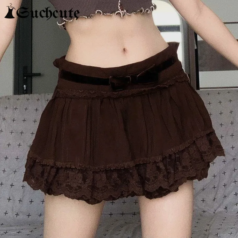

SUCHCUTE Fairycore Lace Patchwork Mini Skirts Streetwear Harajuku Brown Pleated Skirts Women Kwaii Low Waist Clothes y2k Vintage