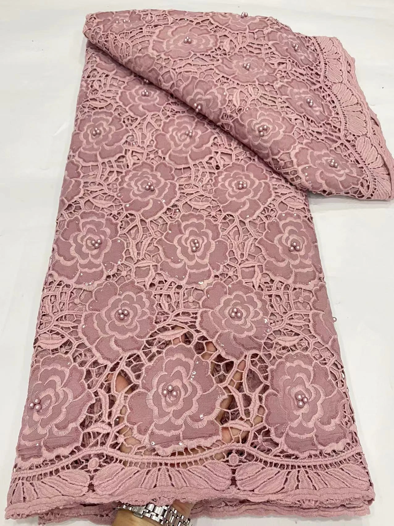 

2023African Nigerian High Quality Lace Fabric Embroidery Tulle Pure Cotton Wedding Party Damask Dress Guipure White5Yard hz1218