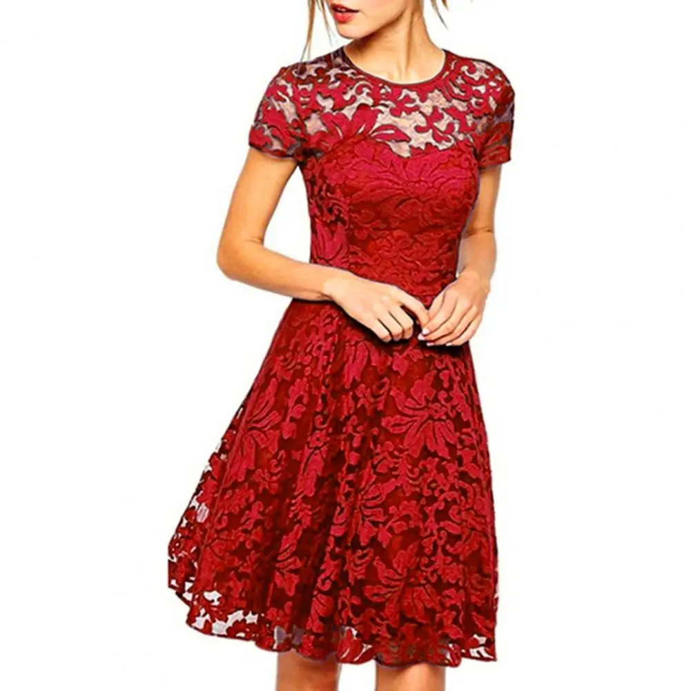

2023 New Women Dress See-through Hollow Out Lace Short Sleeves Big Hem Round Neck Summer A-line Prom Sundress