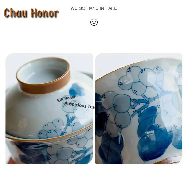 120ml Pure Hand-painted Loquat Ceramic Tea Tureen Retro Blue Sancai Cover Bowl Tea Bowl With Cover Kung Fu Tea Set Tea Ceremony