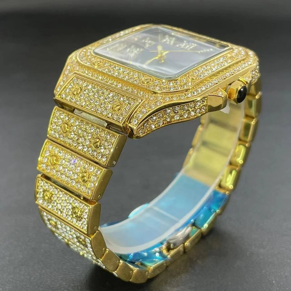 Hot MISSFOX Gold Quartz Watch For Men Hip Hop Full Diamond Bling AAA watches Fashion Iced Out Square WristWatch Man Reloj Hombre
