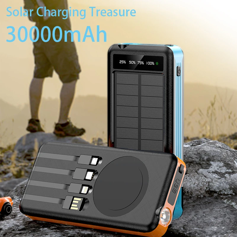 

30000mAh Solar Power Bank Built Cables,With Wireless Charging 2USB Ports,For Mobile Phone,Laptop Solar Power Bank,With LED Light