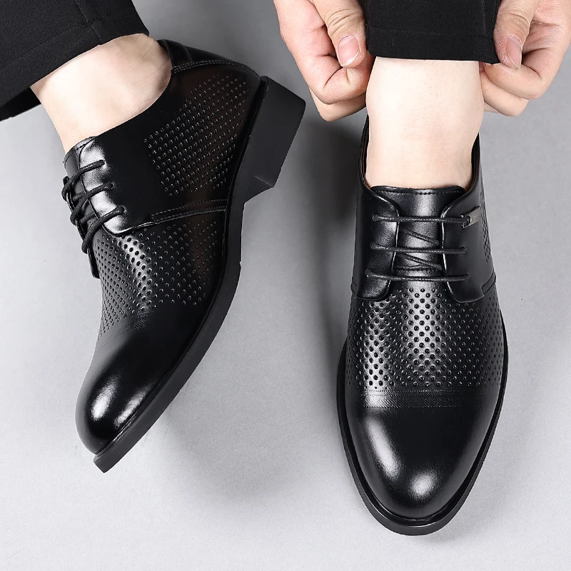 2024 Summer New Breathable Sleeves Perforated Leather Shoes Hollow out Men's Shoes Middle aged Dad Official Casual Business Sand