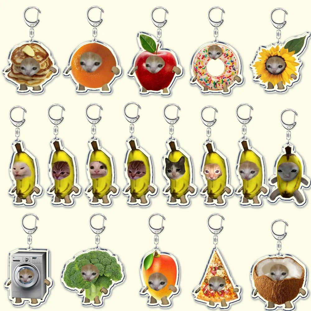 HOT Cute Crying Banana Cat Meme Keychain Funny Fruit Happy Cats Pendant Keyring Keyfob for Women Man Jewelry Accessories Gifts