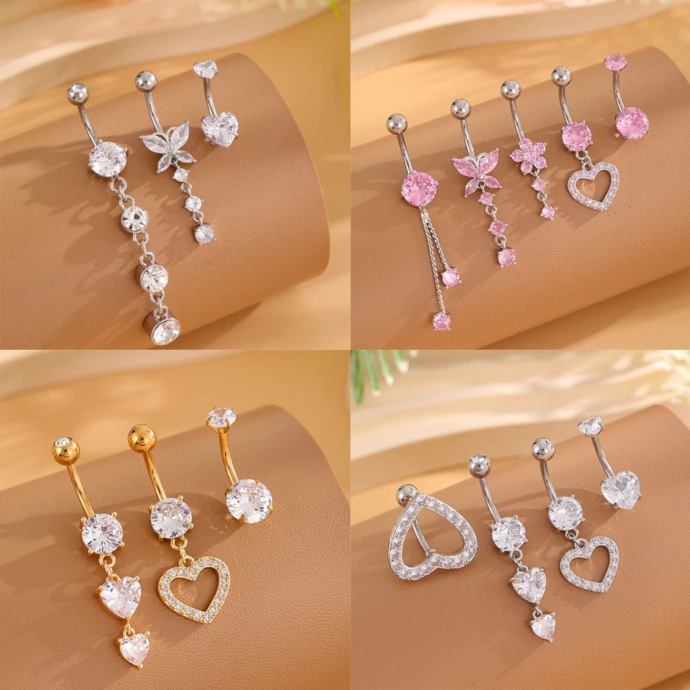 3-5pcs Mixed-Style Sets Heart Flower Dangle Belly Button Rings Stainless Steel Butterfly Curved Zircon Belly Piercing Navel Ring 1