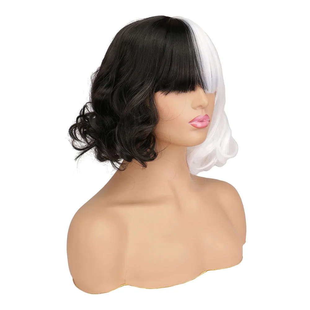 Peluca de Cosplay de Cruella de Vil, cabellera sintética resistente al calor, pelo de Halloween, color blanco y negro