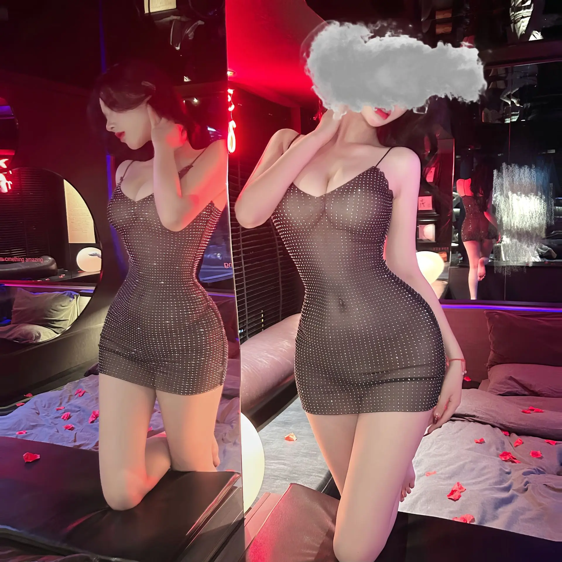 Lingerie dress Strap deep v bright diamond hip hugging short skirt sexy tоy girl sexy clothes erotic clothes woman mesh Sex shop