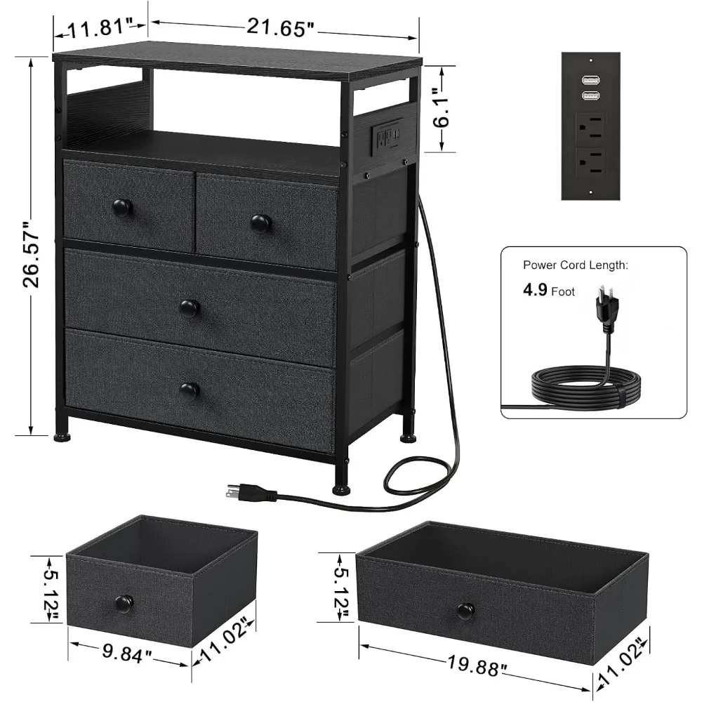 Nightstand with Charging Station, Bedside Table with 4 Drawers and 2-Tier Shelf, Modern End Table with Wooden Top for Bedroom, 3