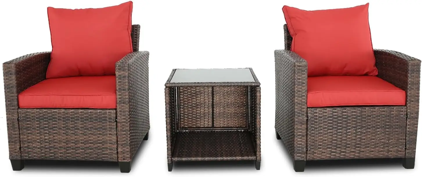 

3 Pieces Patio Furniture Set Balcony Furniture PE Rattan Wicker Outdoor Sofa Set with Washable Cushion and Tempered Glass Table