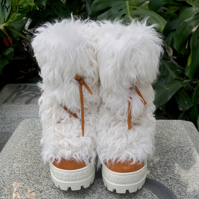 

Winter Curly Wool Fur Snow Boots 10cm inner wedge Height Increasing Ankle Warm Shoes Bandage Fur Boots Woman Short Booties