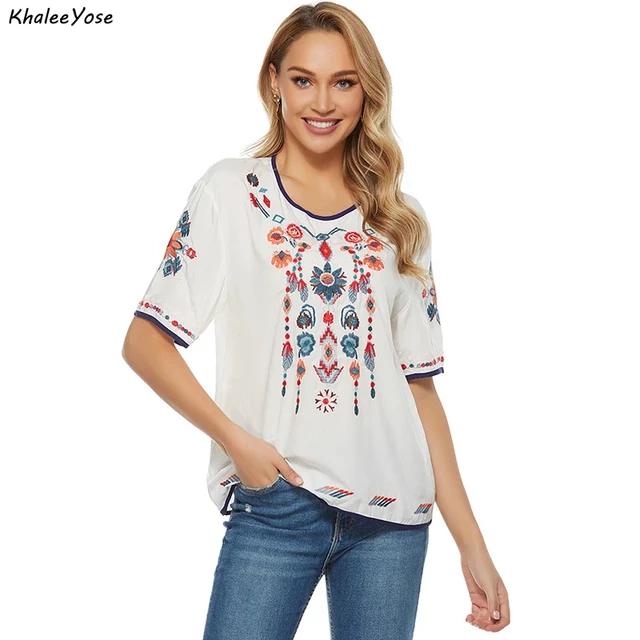 Khalee Yose Cotton Boho Floral Embroidery Blouses Mexican Spring