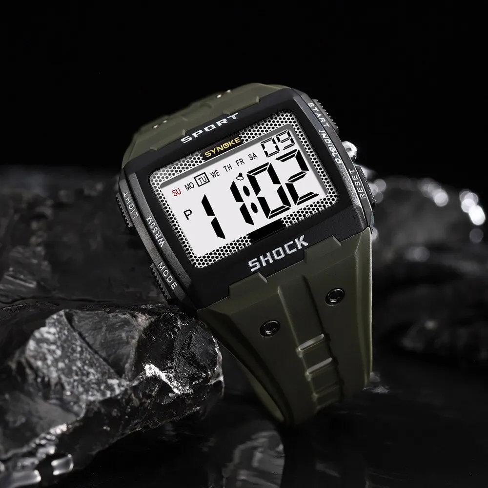 Men's Sports Waterproof Night Glow Watch - Large Screen Square Design for Outdoor Running and Camping