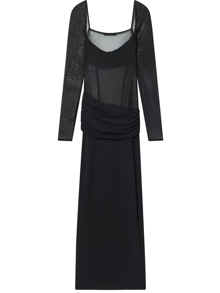 Chic Mesh Splicing Long Dresses for Women Long Sleeve Midi Dress 2025 New Fashion Female Elegant Party Dresses