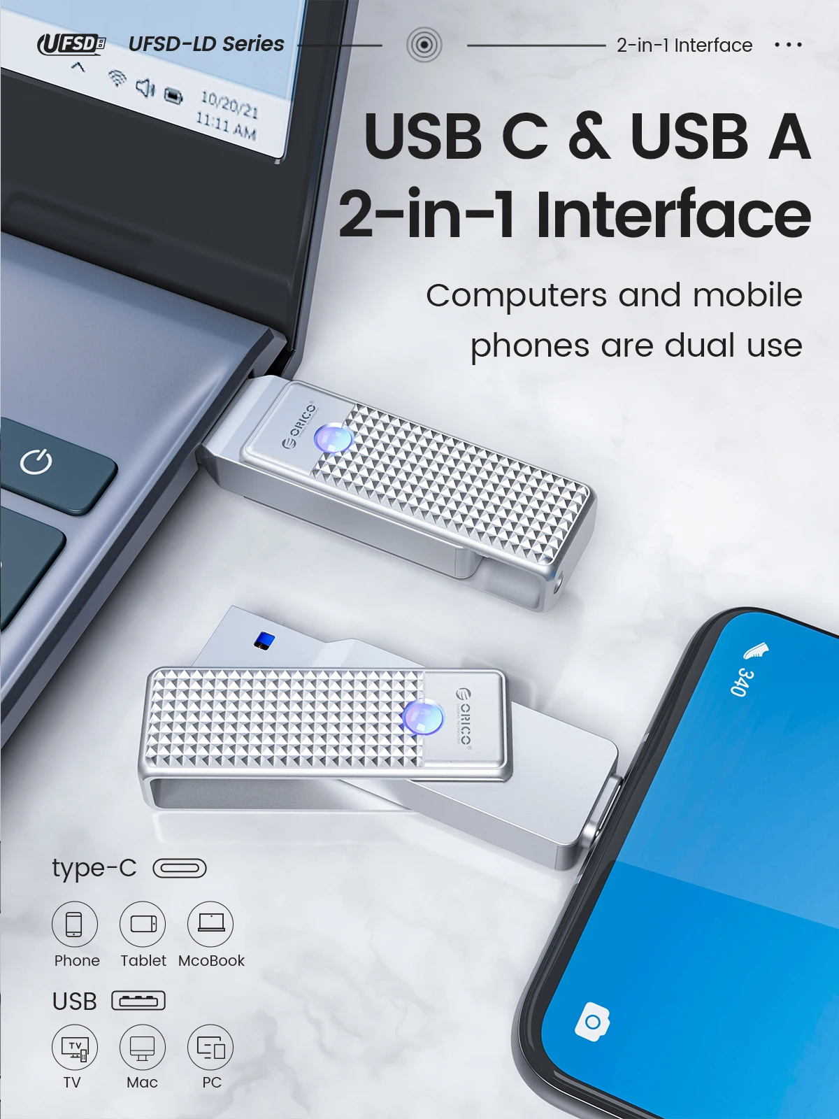 Orico-dual Flash Drive Otg tipo c Usb a Interfaces Duplas Caneta de Alta Velocidade Ufsd 405 Mbs em Macbook Android - Imagem 3
